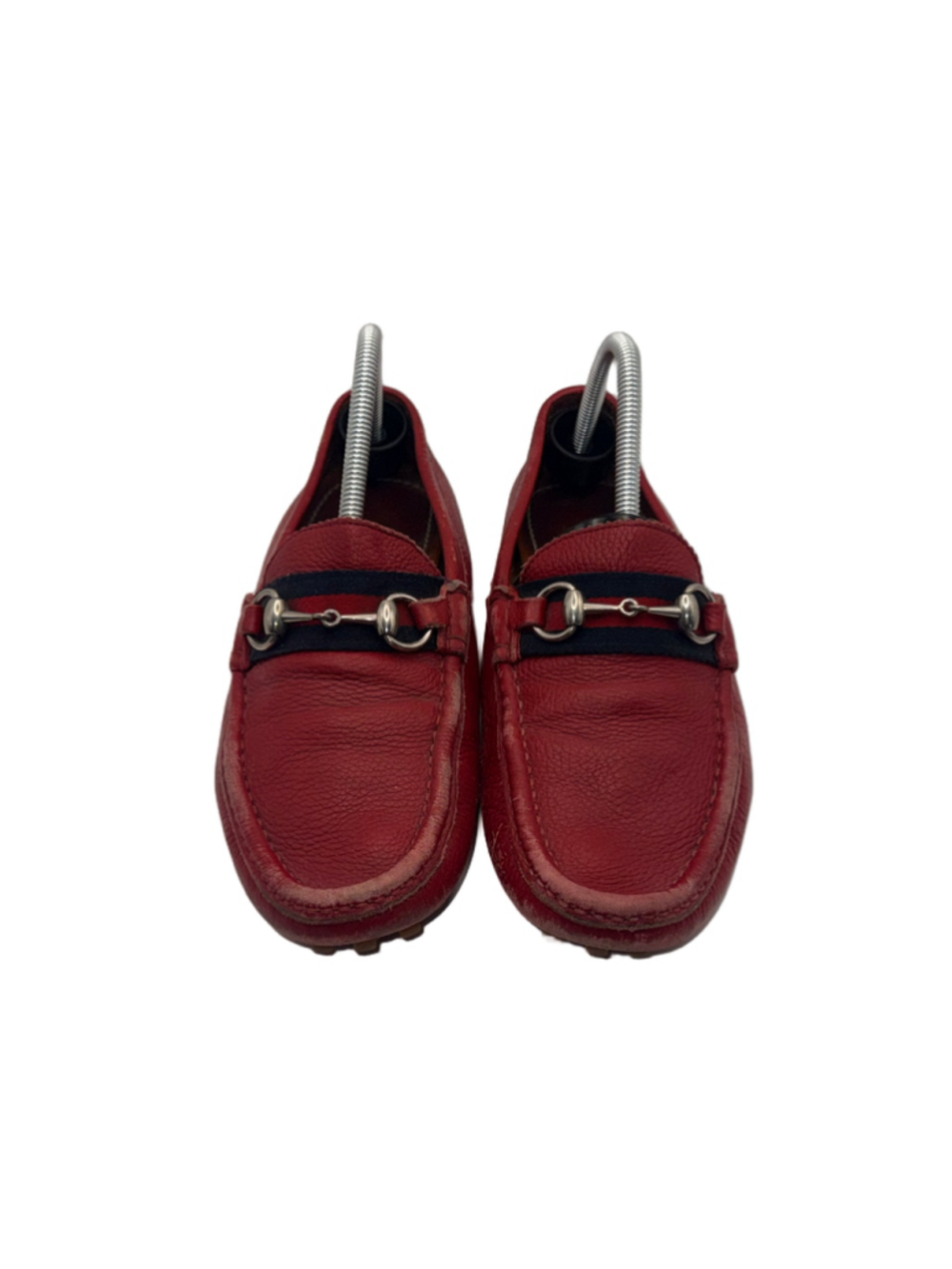 Gucci Red Leather Horsebit Driver Loafers Web Stripe Silver Bit Size 7 Italy